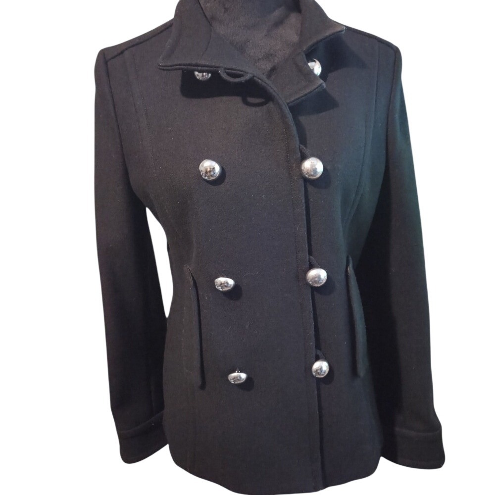 Banana Republic Women's Military Style Pea Coat Black Size Small Wool Blend - Picture 3 of 8